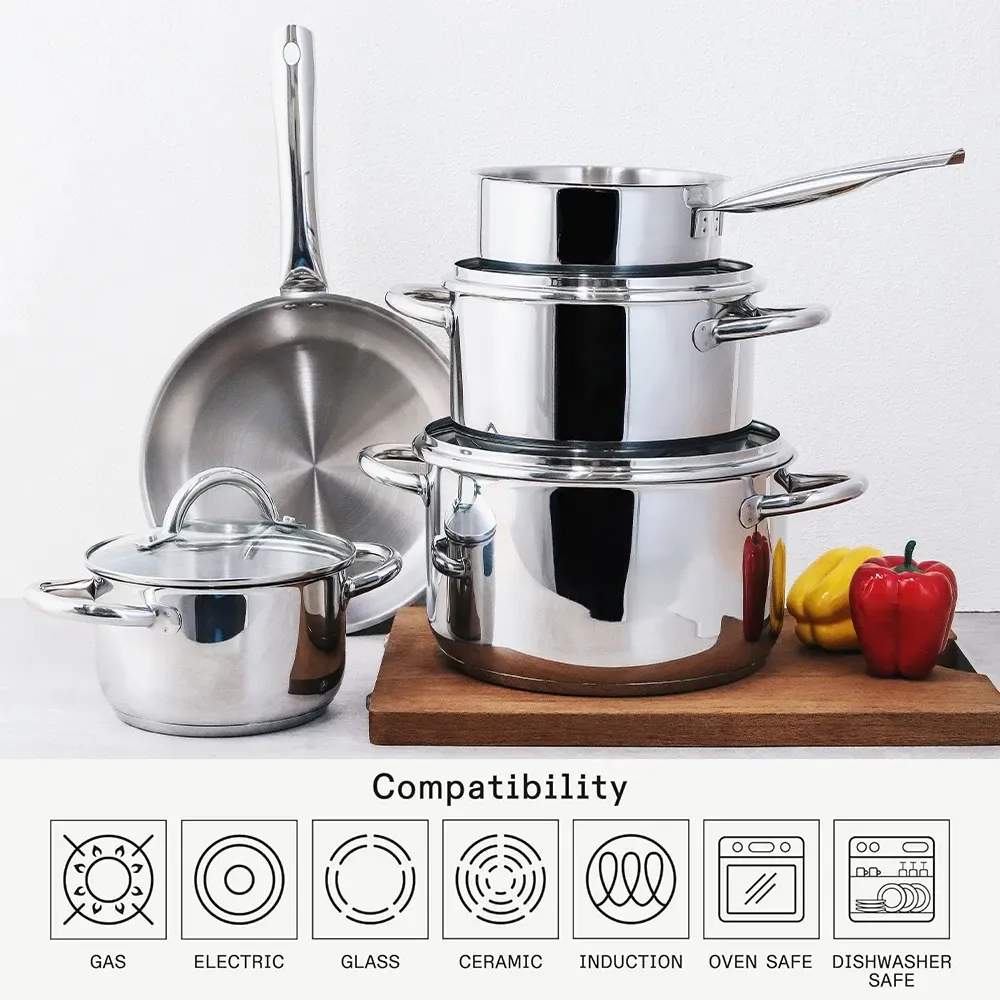 stainless steel cookware set compatible with gas, electric, glass, ceramic and induction hobs