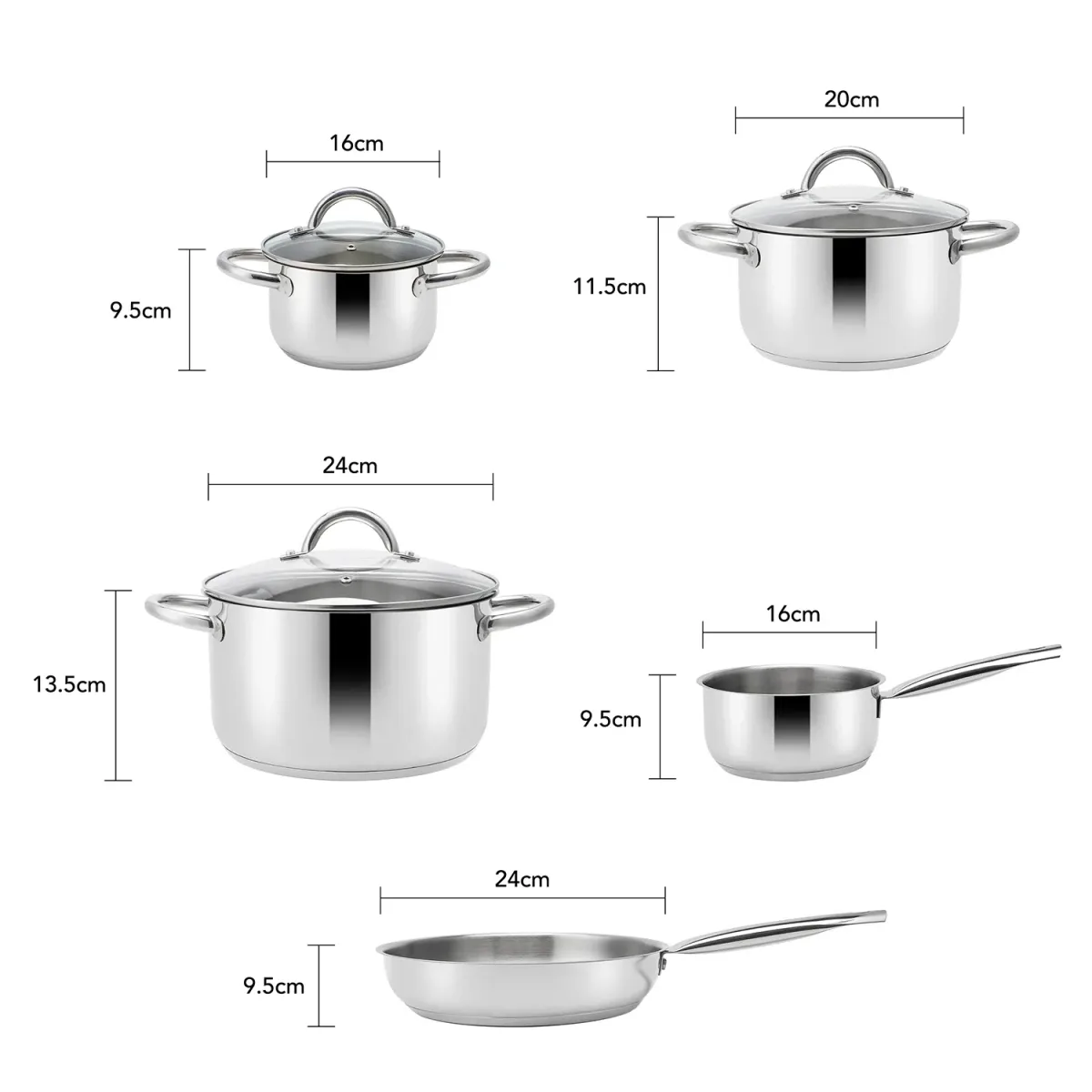 stainless steel cookware set sizes with diameter and height of each pan