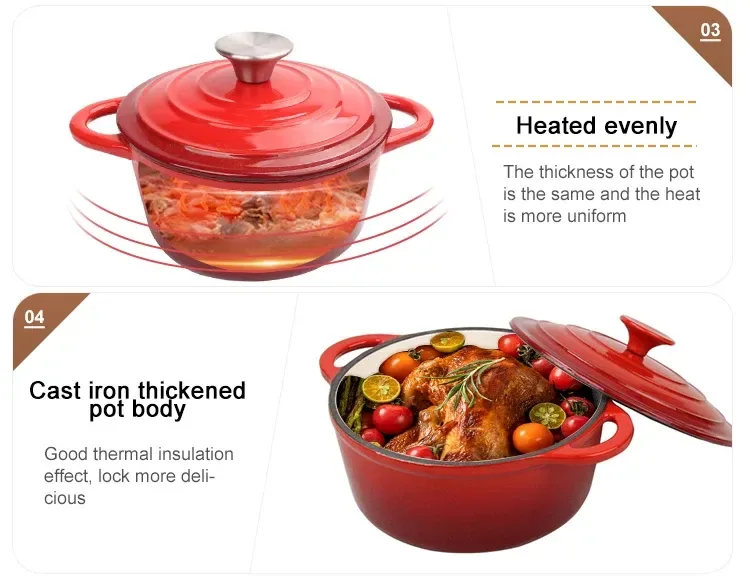 red enameled cast iron Dutch oven with thick body for even heat