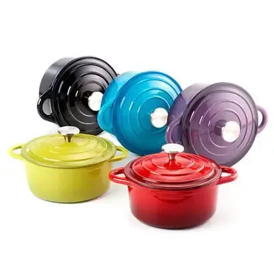 enameled cast iron Dutch ovens with cast iron lids and metal knobs