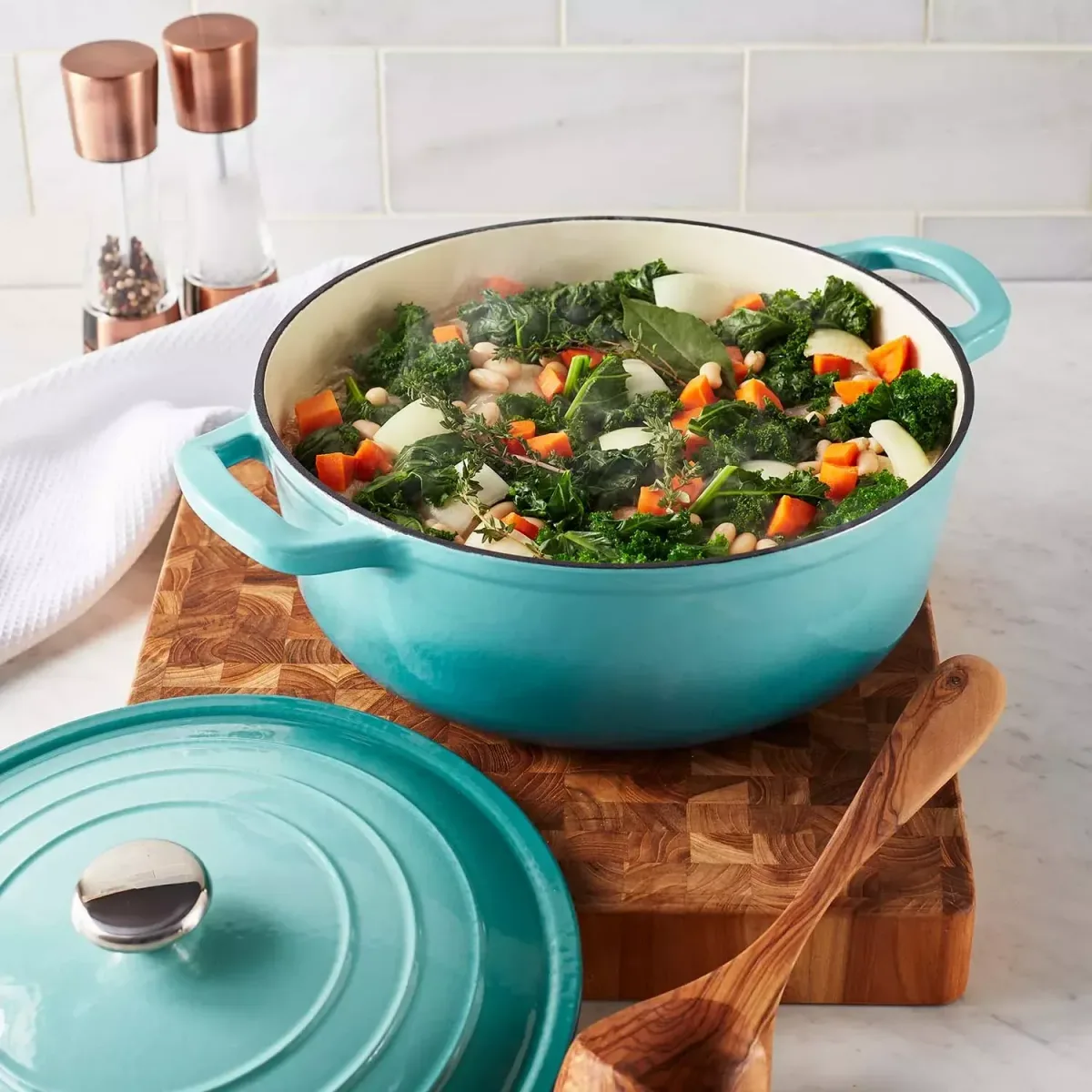 vegetable and bean stew in an enameled cast iron Dutch oven