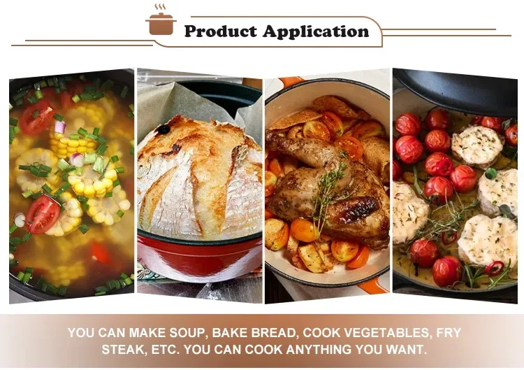 soup, bread, roast chicken and vegetables cooked in an enameled cast iron Dutch oven