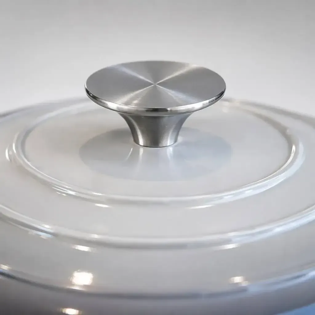 brushed stainless steel knob on the enameled cast iron lid
