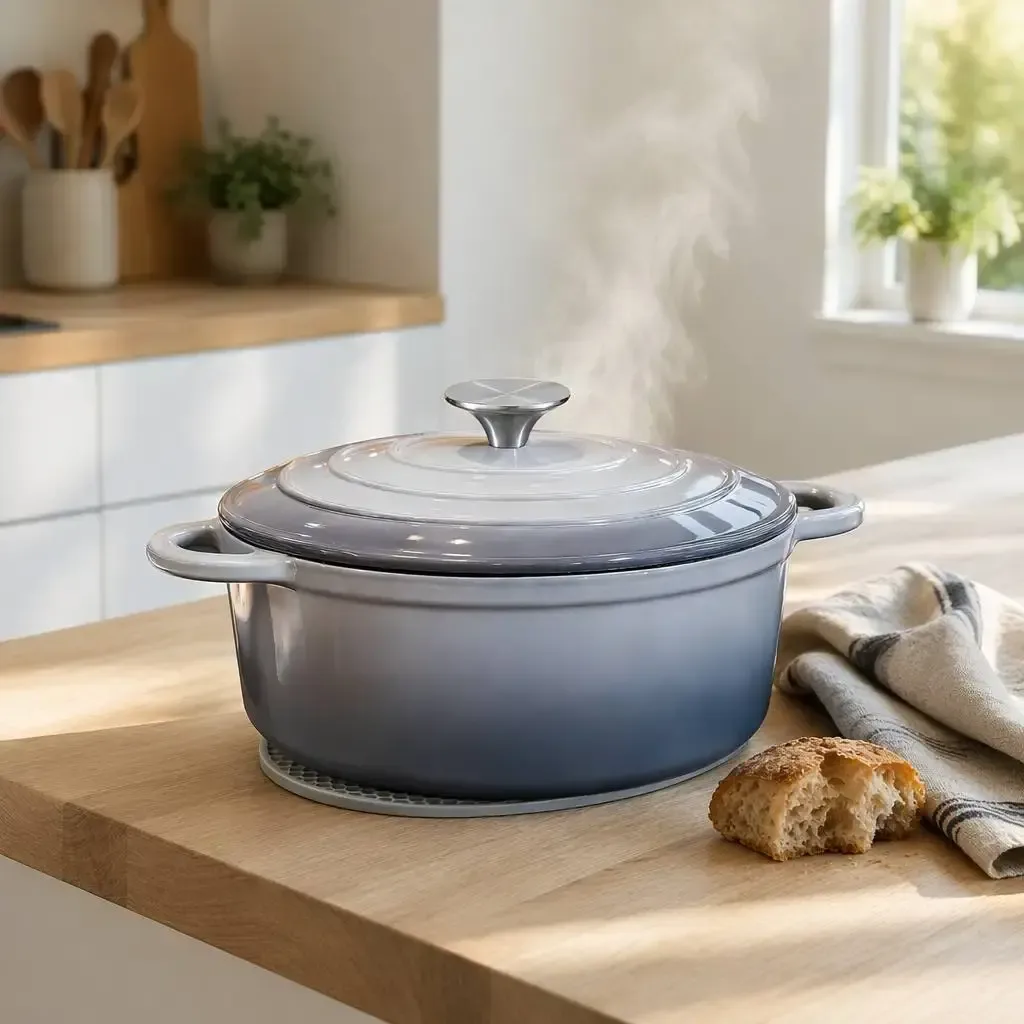 steam rising from the grey enameled cast iron Dutch oven