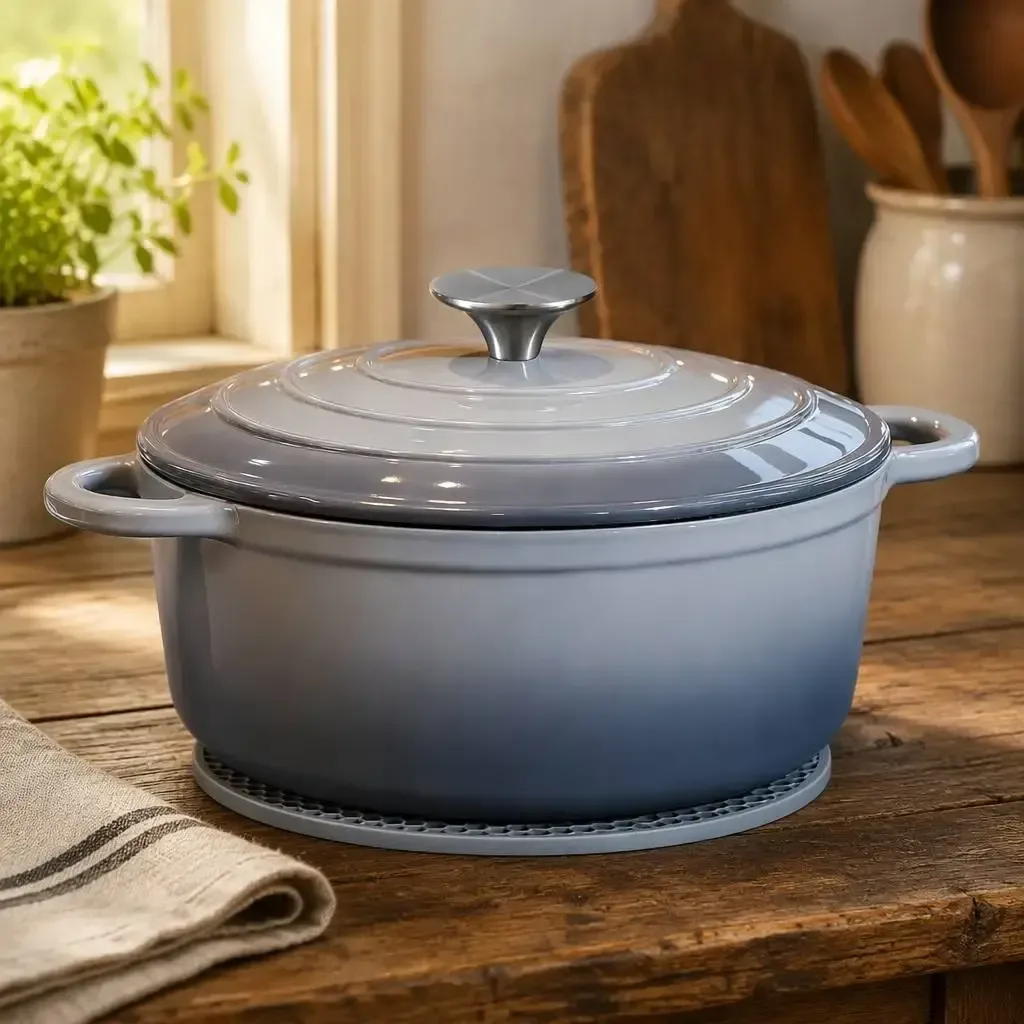 grey enameled cast iron Dutch oven ready to serve at the table