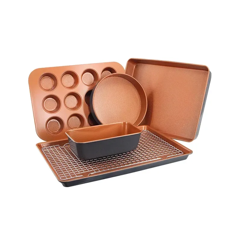 copper nonstick bakeware set with wire cooling rack on the baking tray