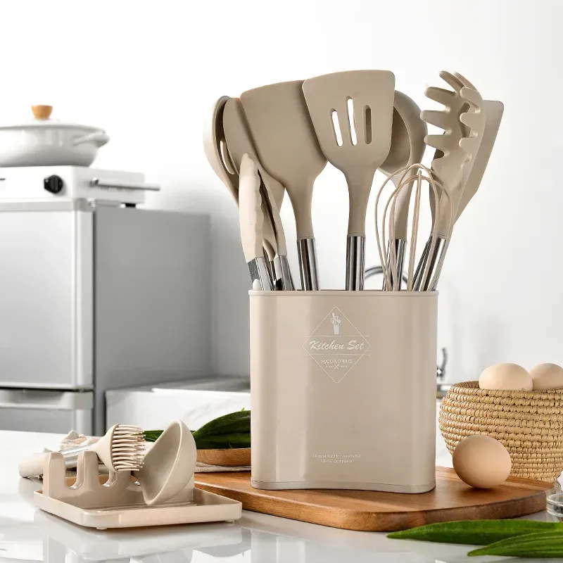 silicone utensils in the upright holder with spoon rest on the counter