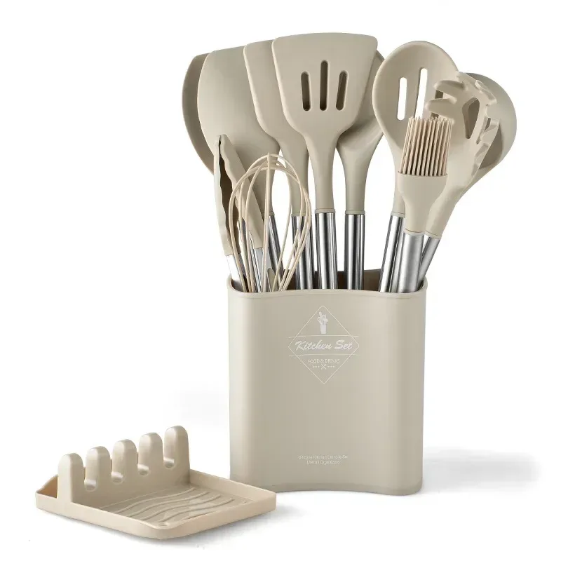 khaki silicone cooking utensils standing in the holder