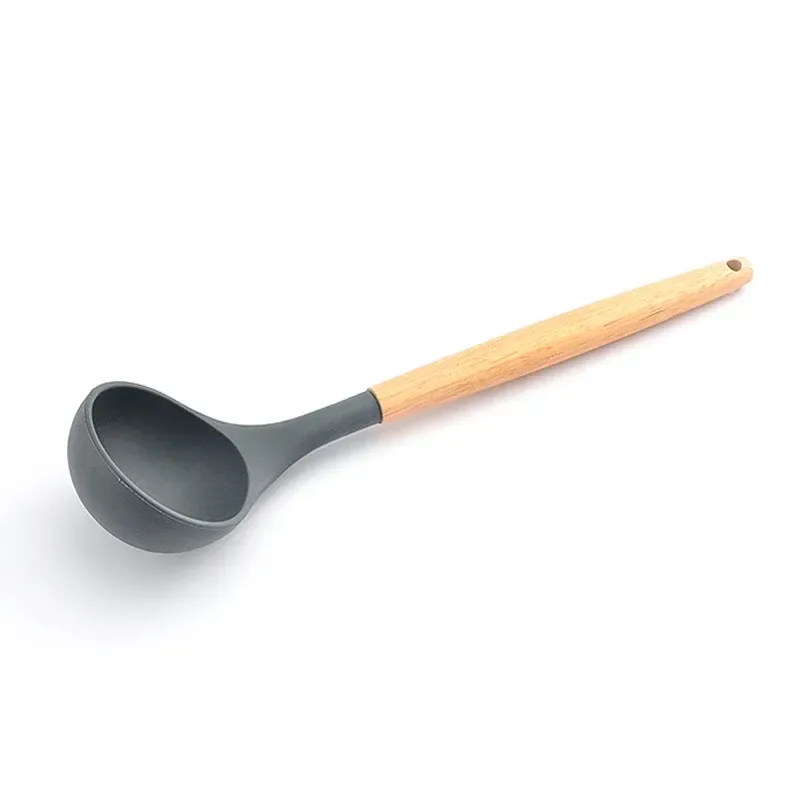silicone soup ladle with a deep bowl and wooden handle
