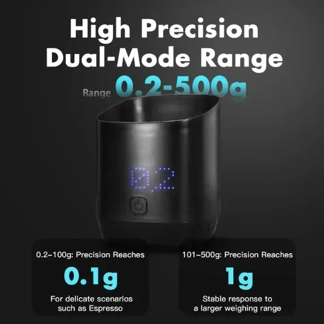 coffee dosing cup scale with 0.1 g and 1 g precision ranges