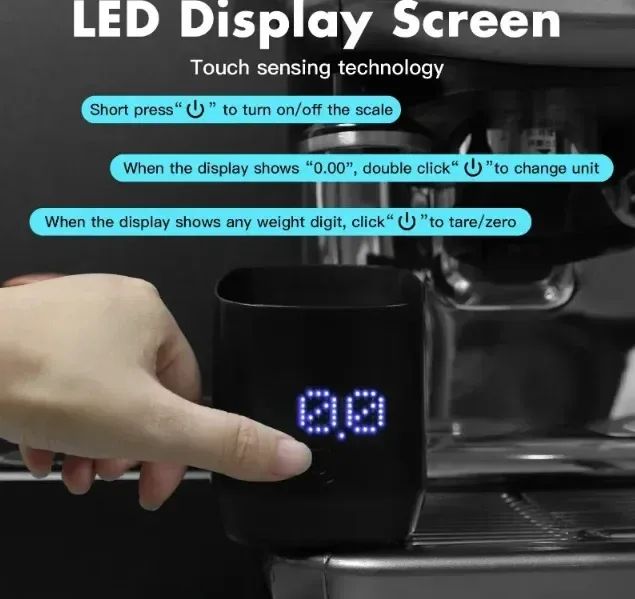 finger pressing the touch button on the coffee dosing cup scale