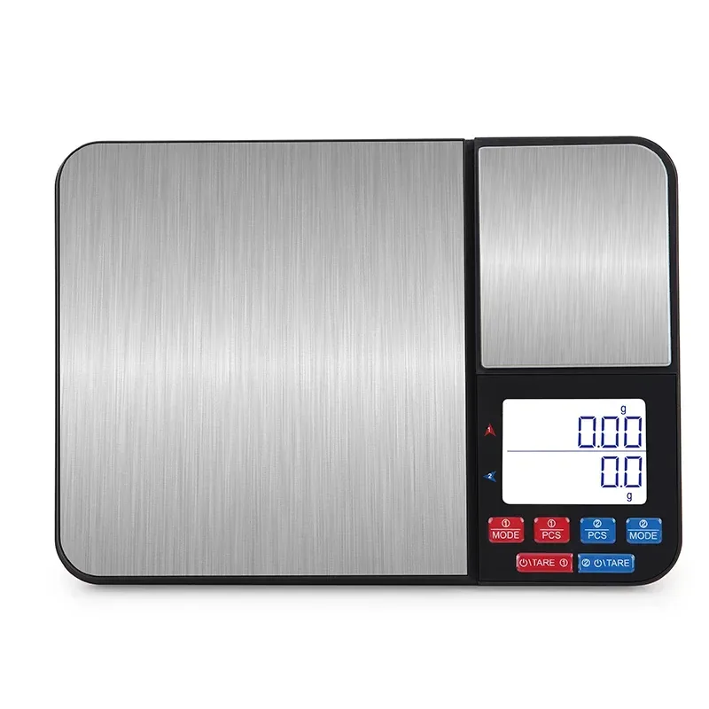red and blue buttons for each platform of the kitchen scale