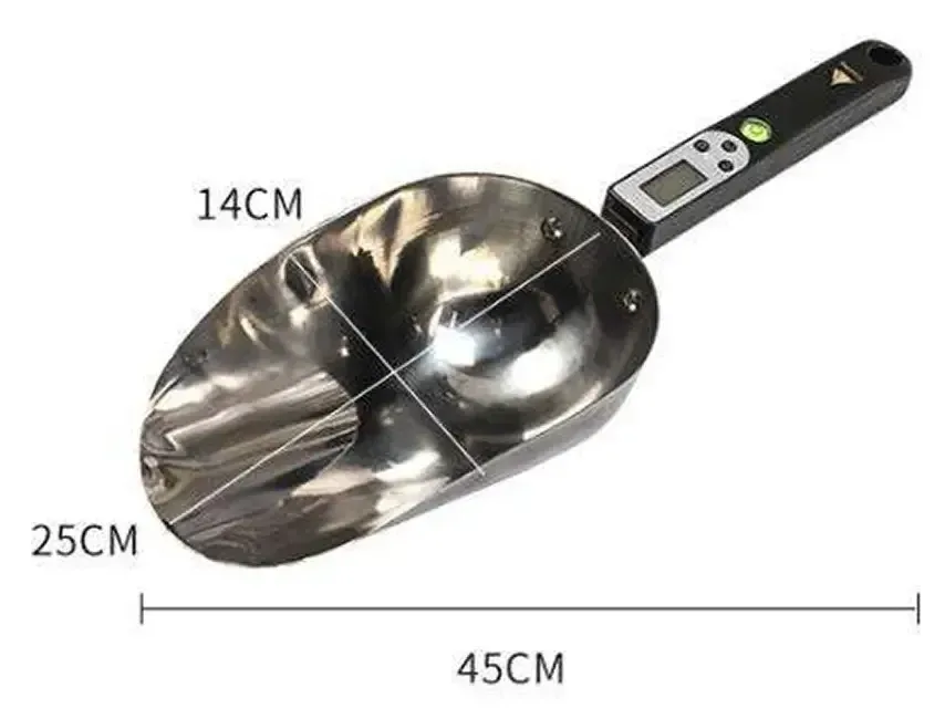 digital scoop scale size: 45 cm long, scoop 25 cm by 14 cm