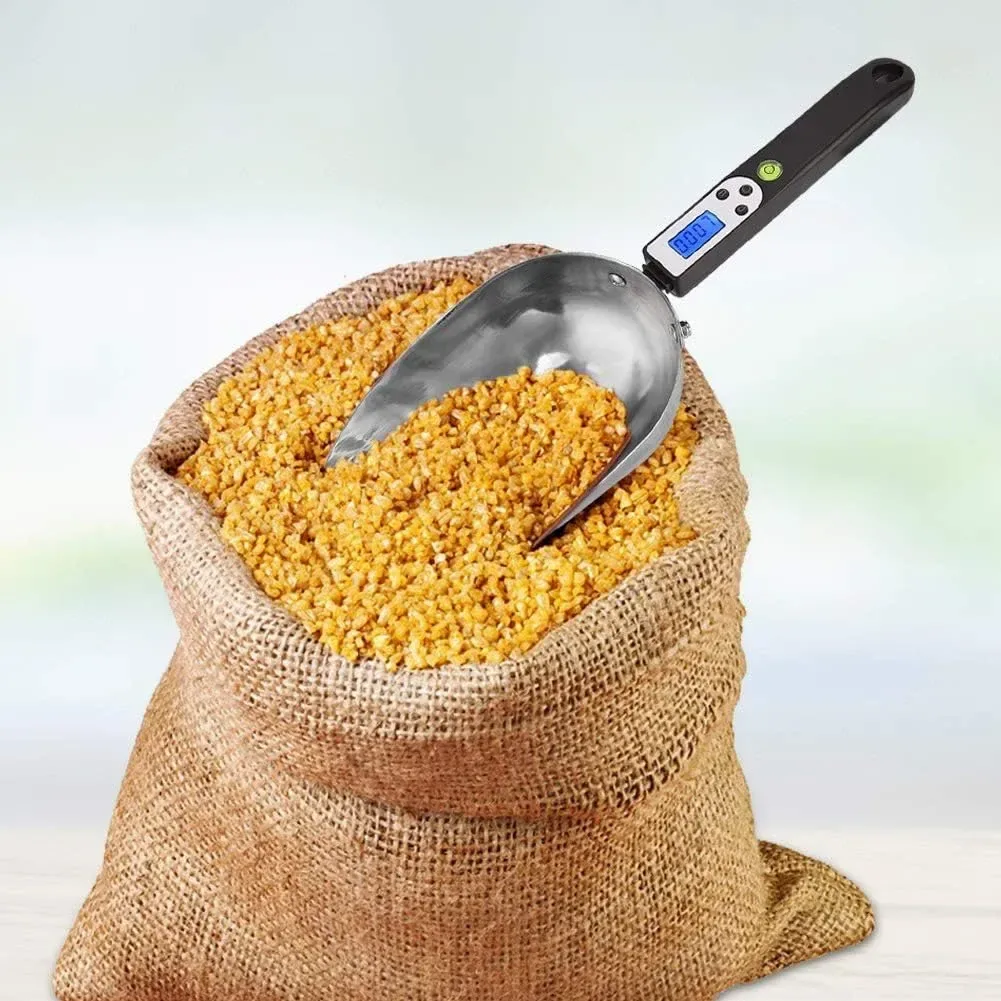 digital scoop scale weighing grain from a sack