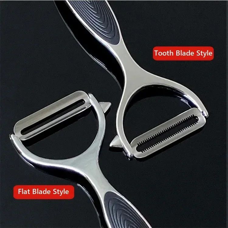 flat blade and serrated blade vegetable peelers side by side