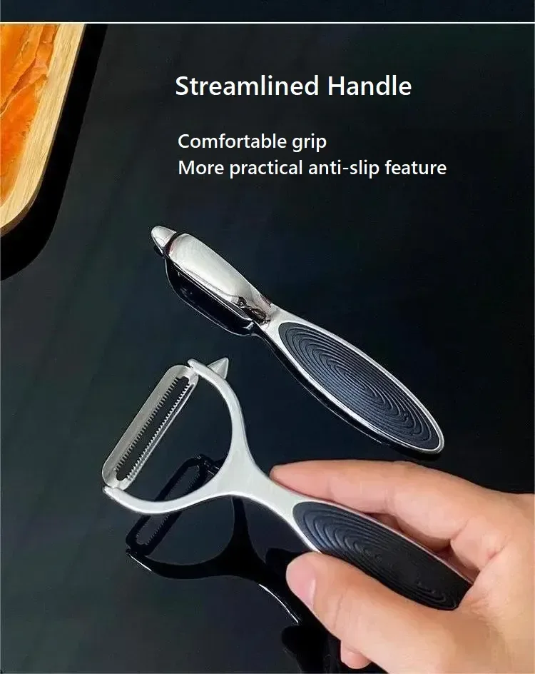 ridged non slip grip of the zinc alloy vegetable peeler in hand