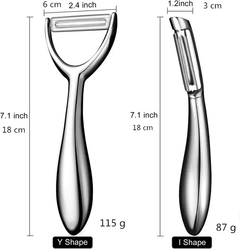 stainless steel vegetable peeler sizes: 18 cm long, heads 6 cm and 3 cm, 115 g and 87 g