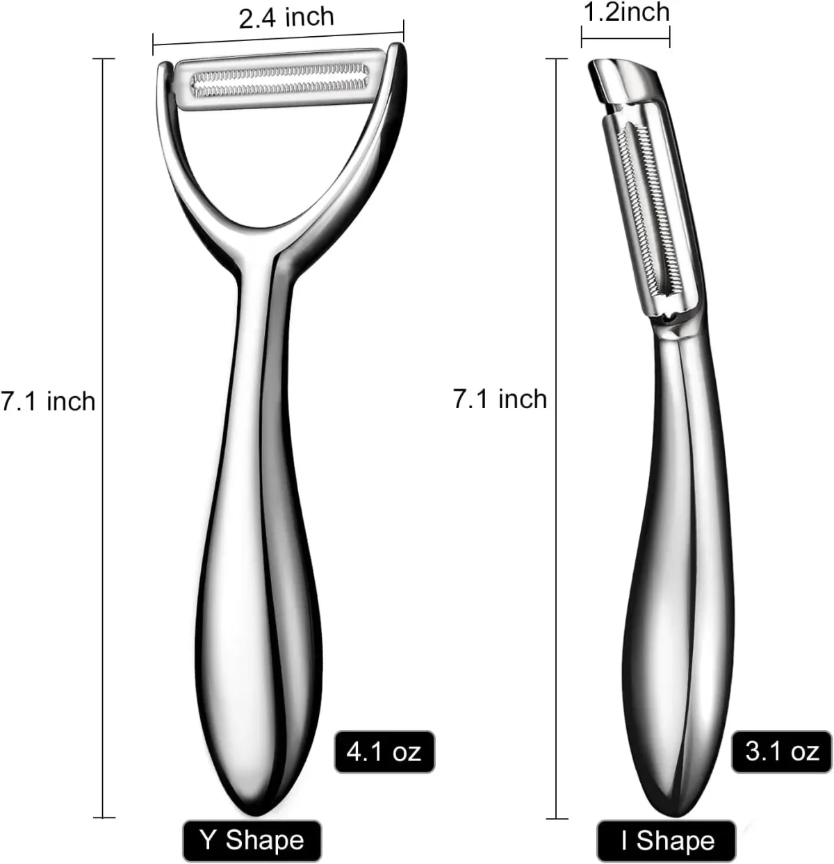 stainless steel Y and I shape peelers measured in inches