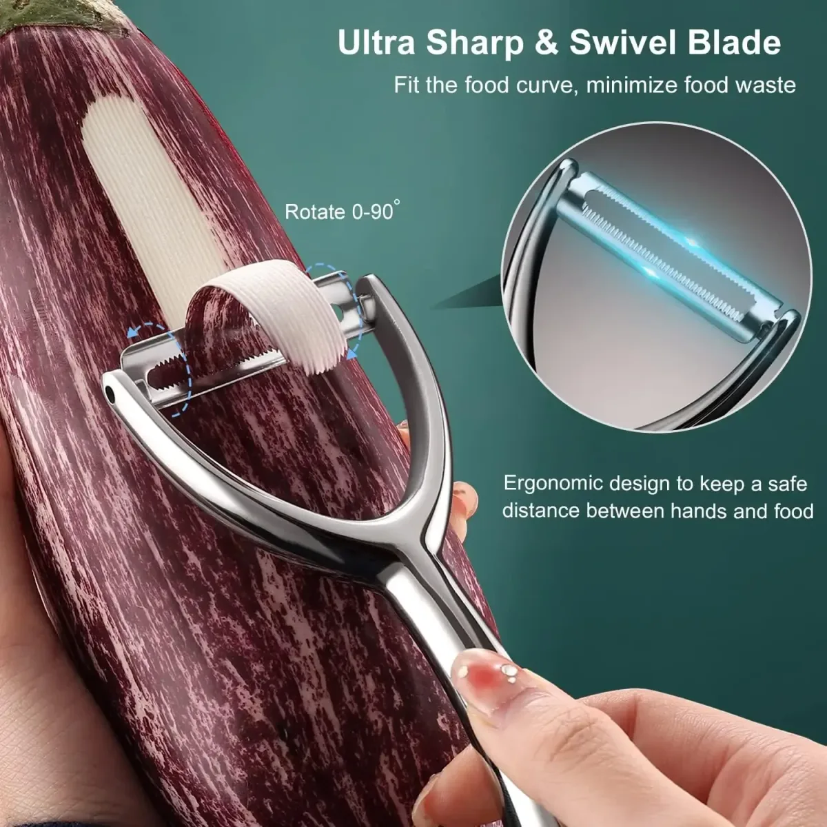 stainless steel Y shape peeler with swivel blade peeling an aubergine