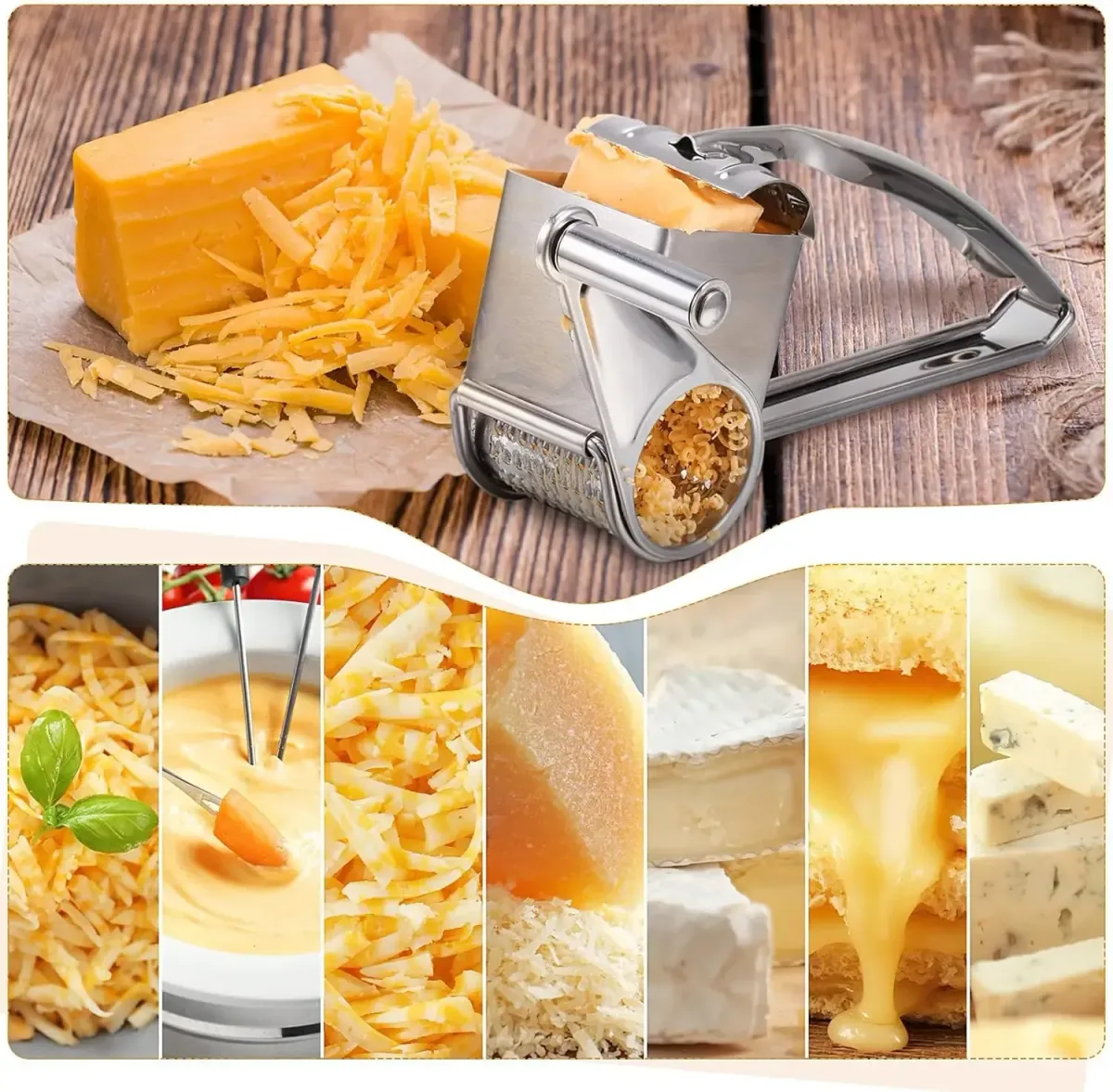 rotary cheese grater with shredded cheese for many dishes