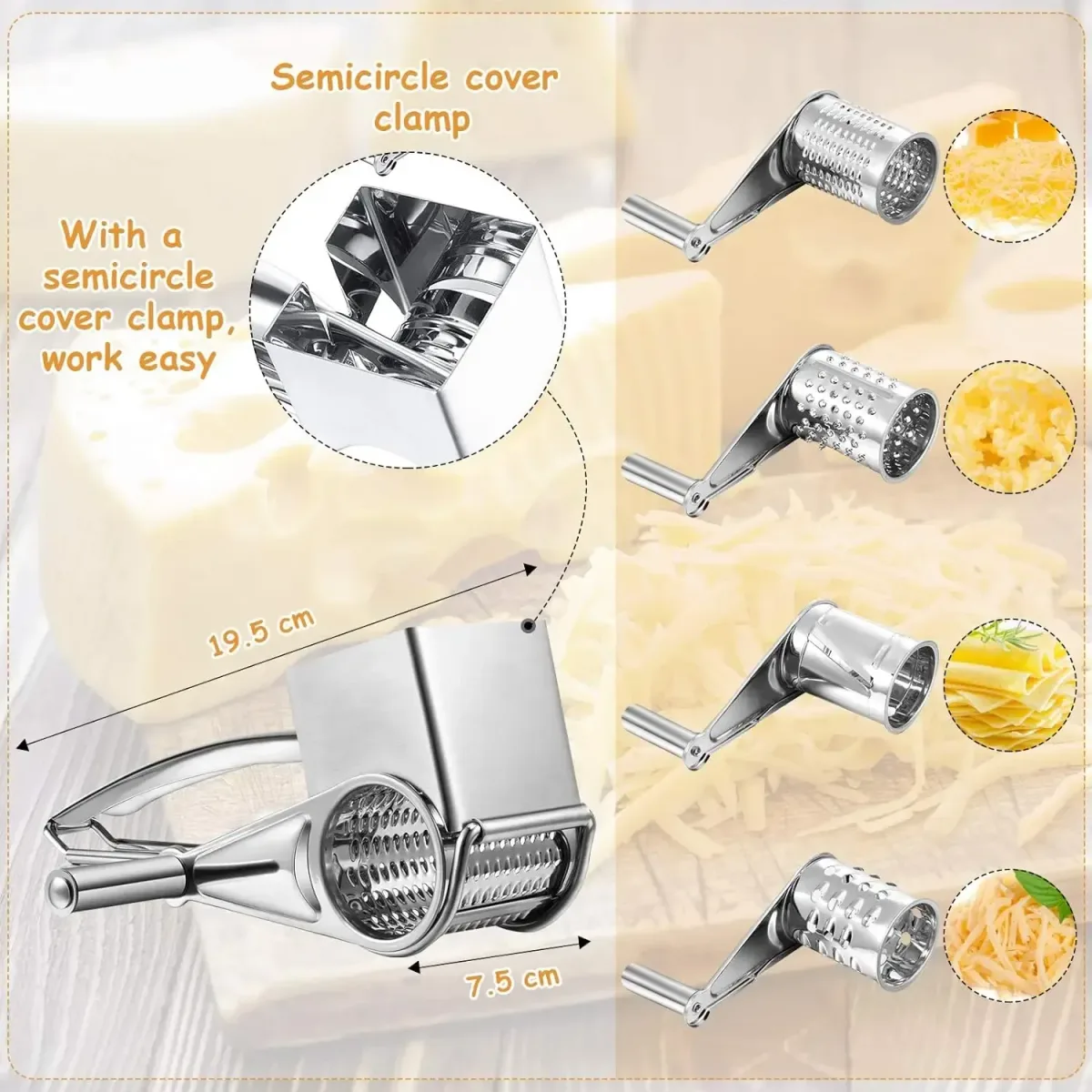 four drums of the rotary cheese grater and the cuts they make