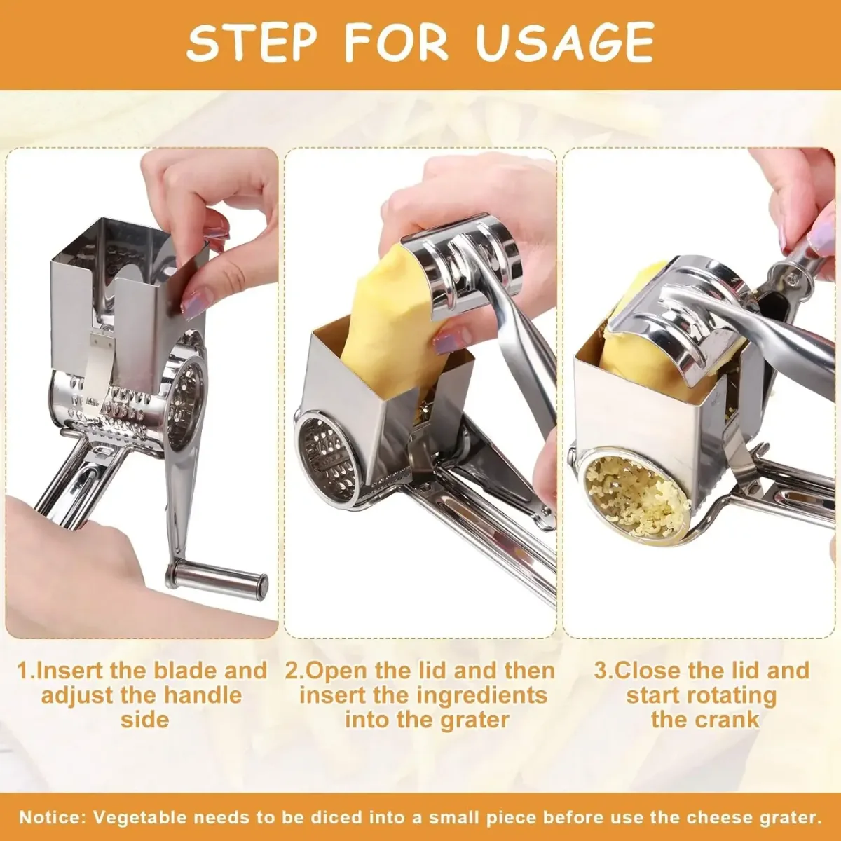 three steps to use the rotary cheese grater