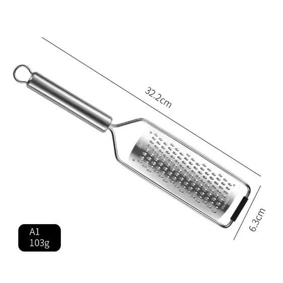 stainless steel handheld grater measuring 32.2 cm by 6.3 cm