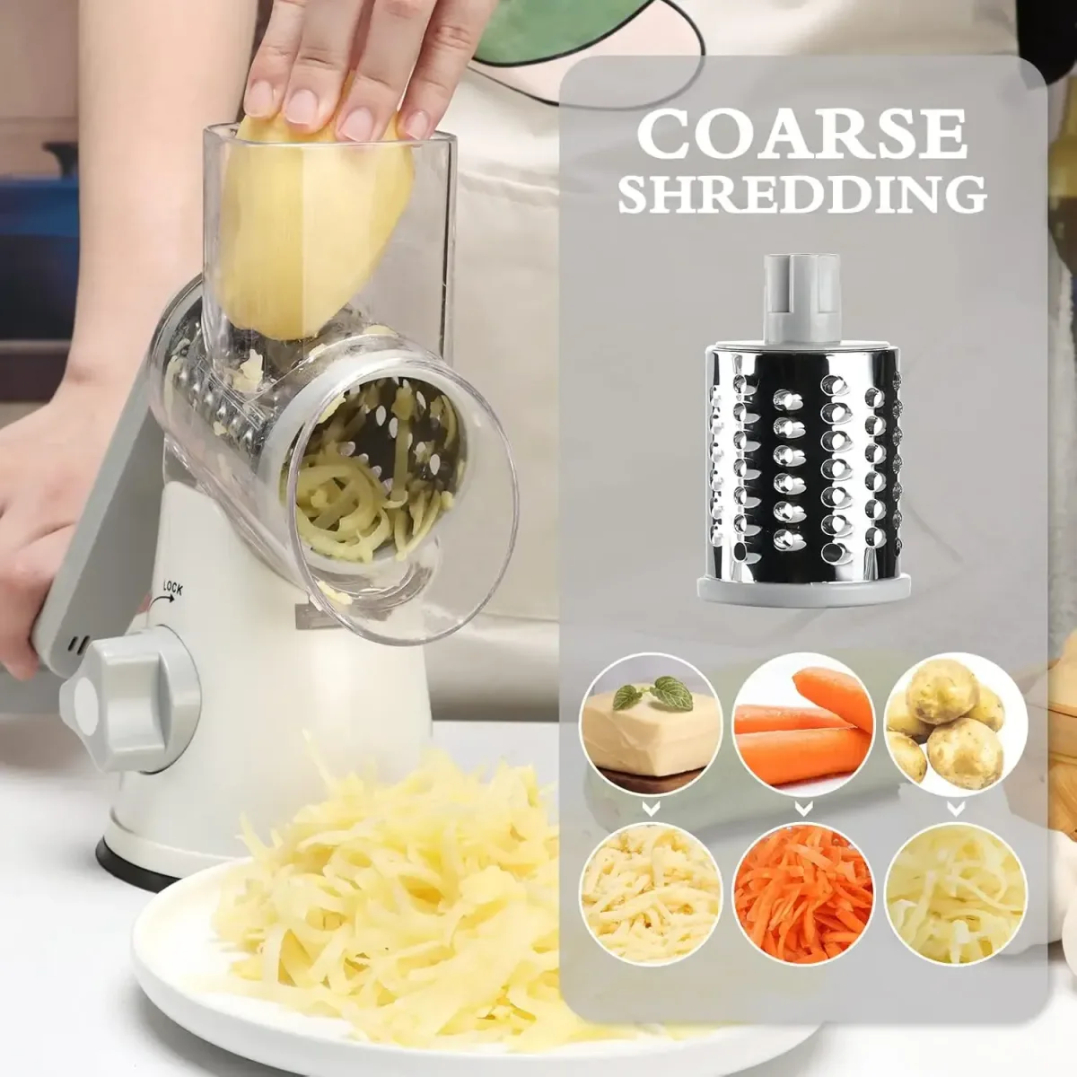 coarse shredding drum of the rotary cheese grater with potato shreds