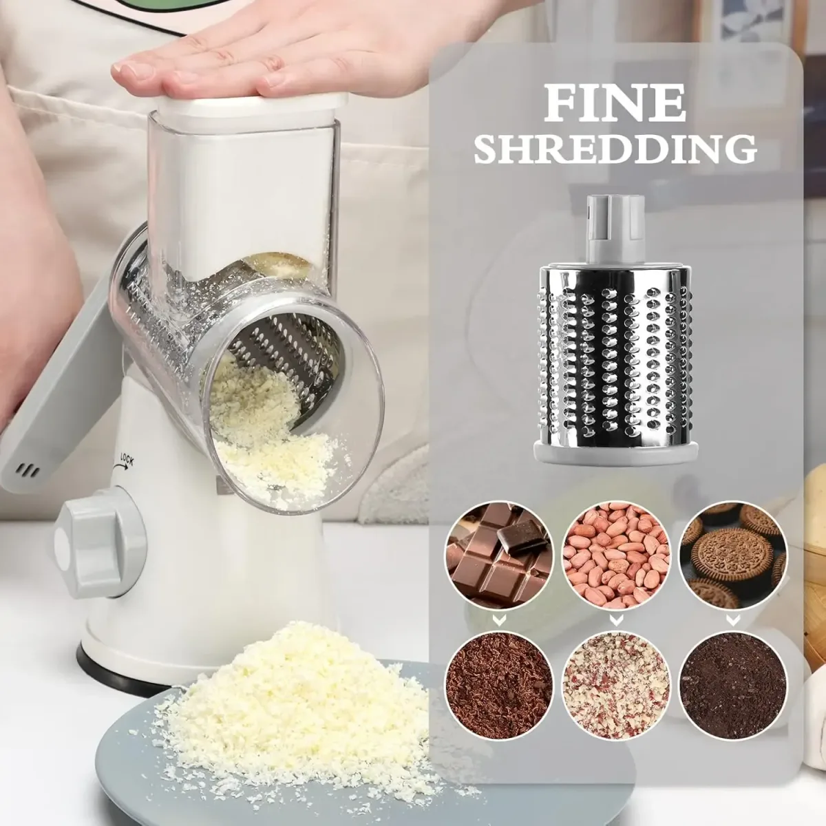 fine shredding drum of the rotary cheese grater with grated cheese