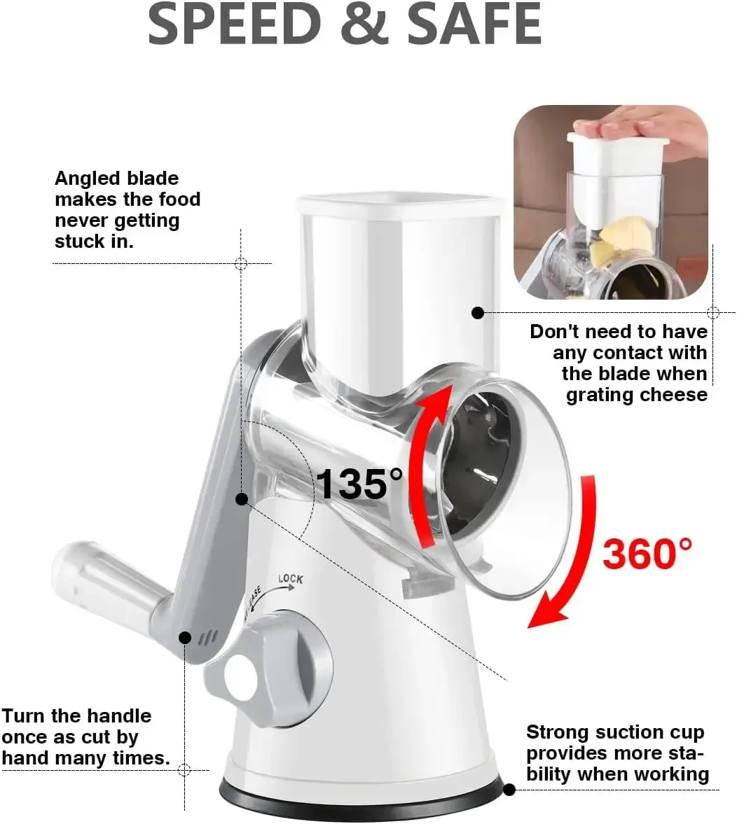 rotary cheese grater with pusher lid and suction cup base