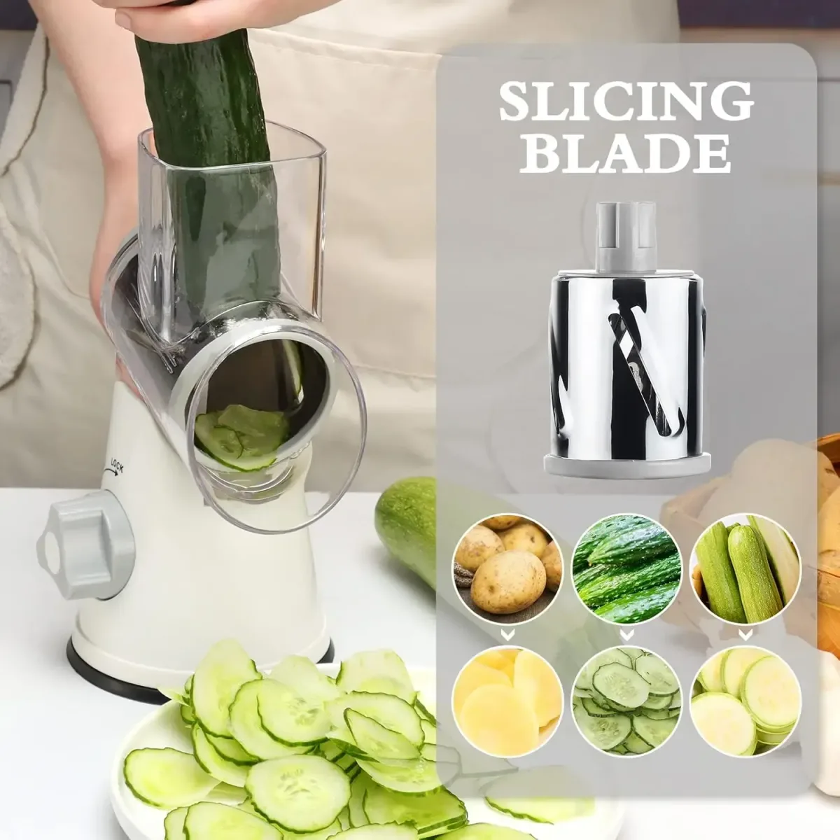 slicing drum of the rotary cheese grater with cucumber slices