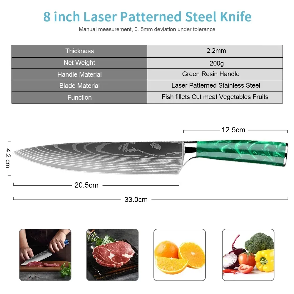 green resin handle chef knife dimensions: 20.5 cm blade, 33 cm overall, 200 g