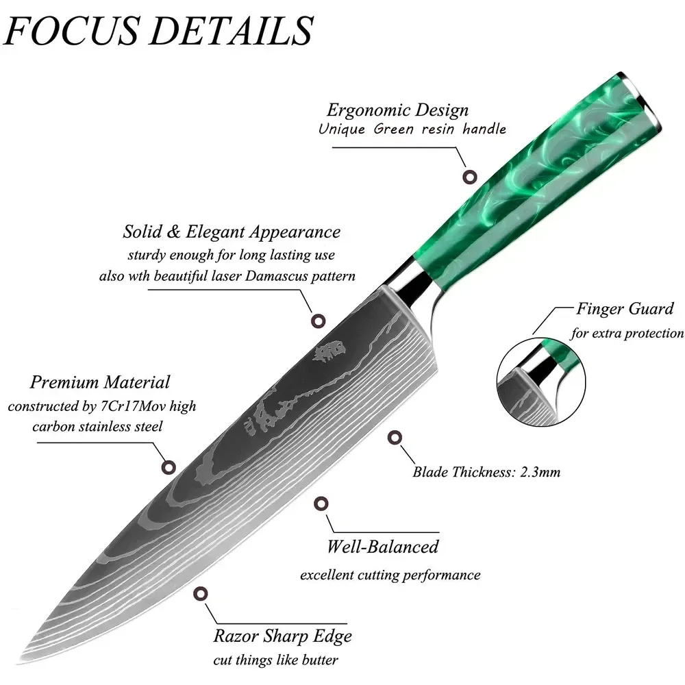 green resin handle kitchen knife details: 7Cr17MoV steel, finger guard, resin handle