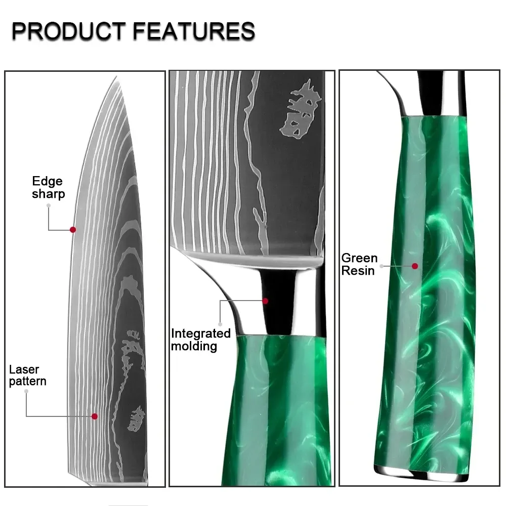 green resin handle kitchen knife edge, laser pattern and resin handle close ups