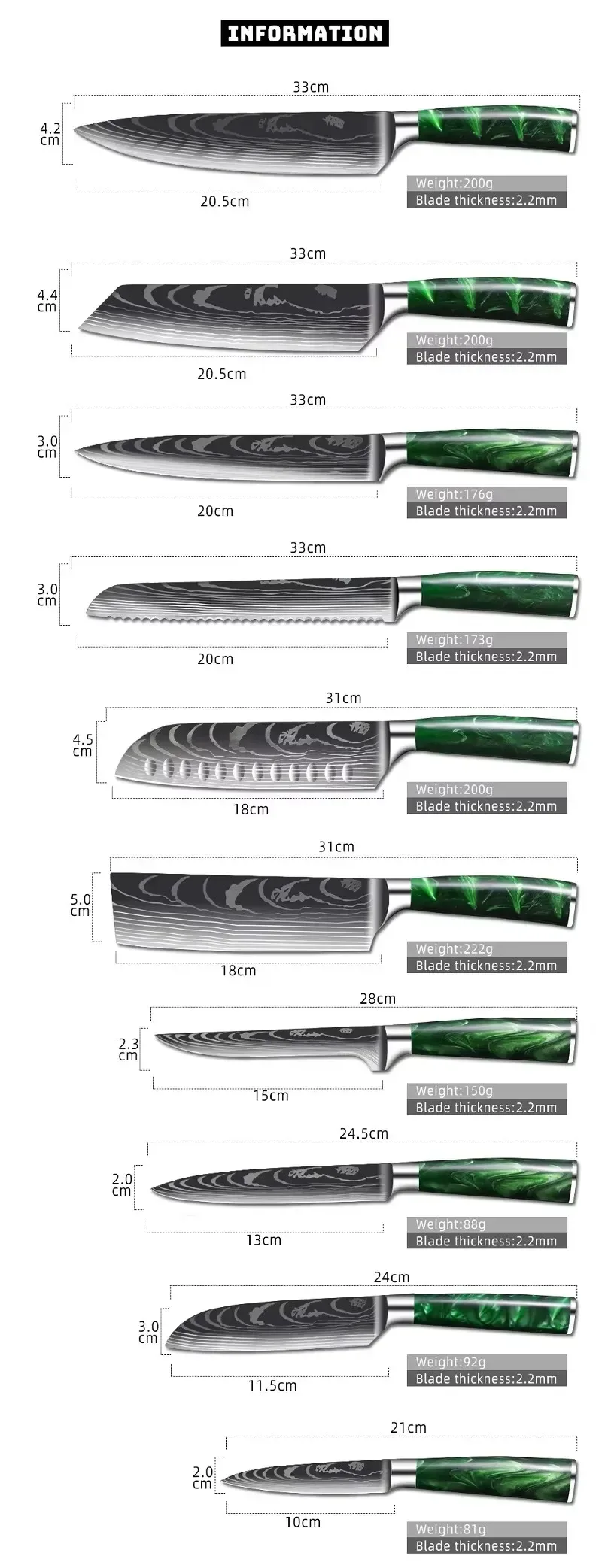 green resin handle kitchen knife sizes, blade length, width and weight of all ten styles