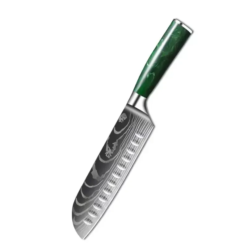 green resin handle santoku knife with hollow edge dimples