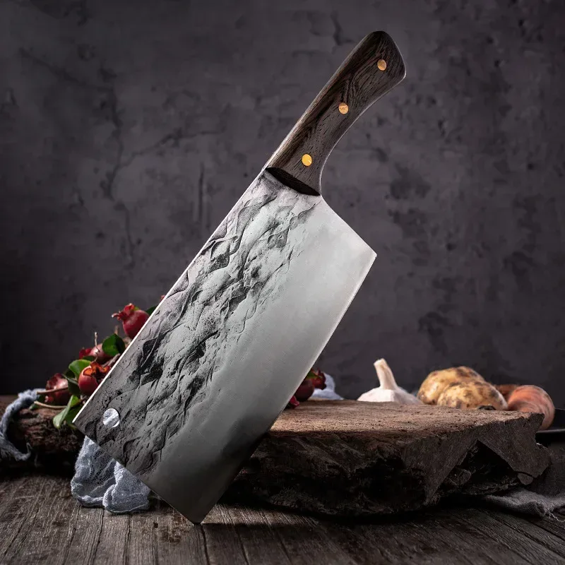 hand forged Chinese cleaver in a rustic kitchen