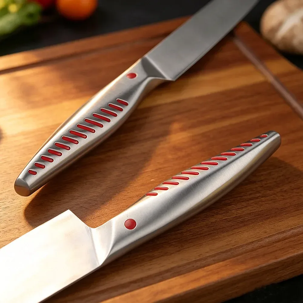 hollow stainless steel knife handle with red grip inlays