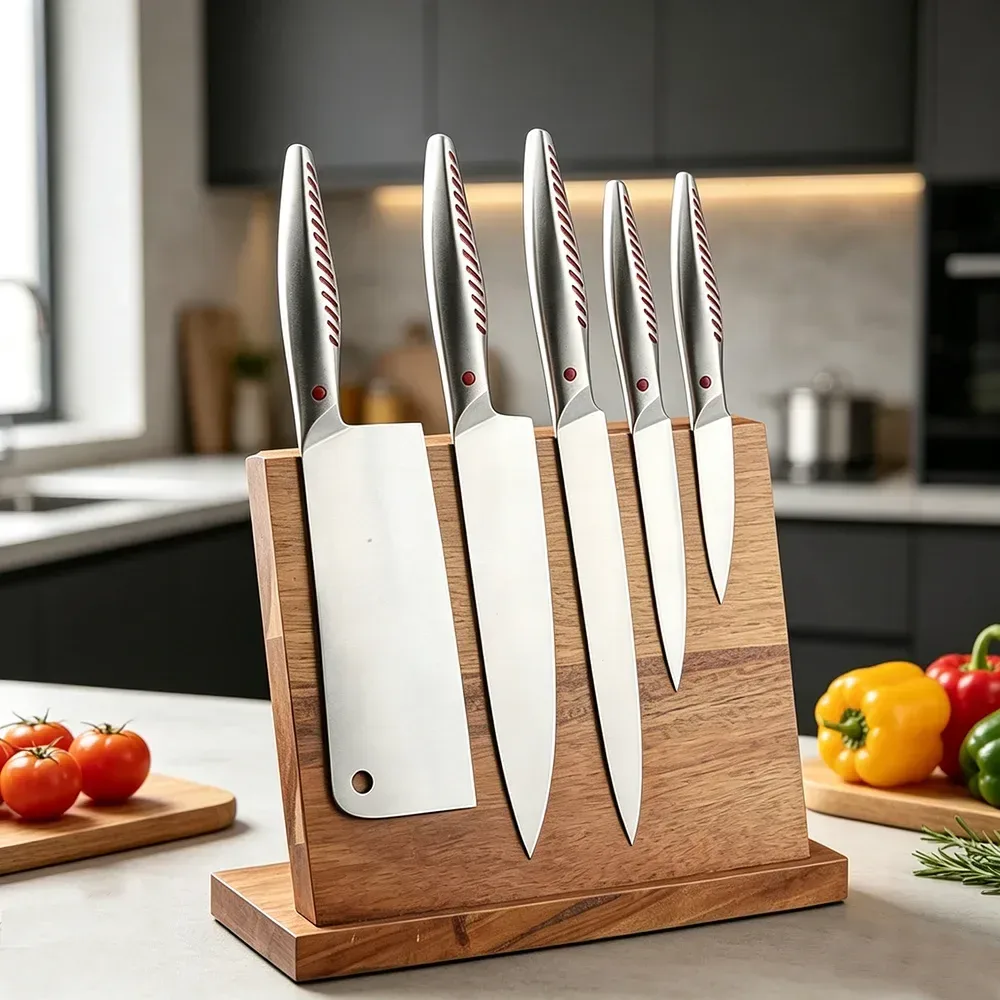 stainless steel knife set held on a magnetic wood block
