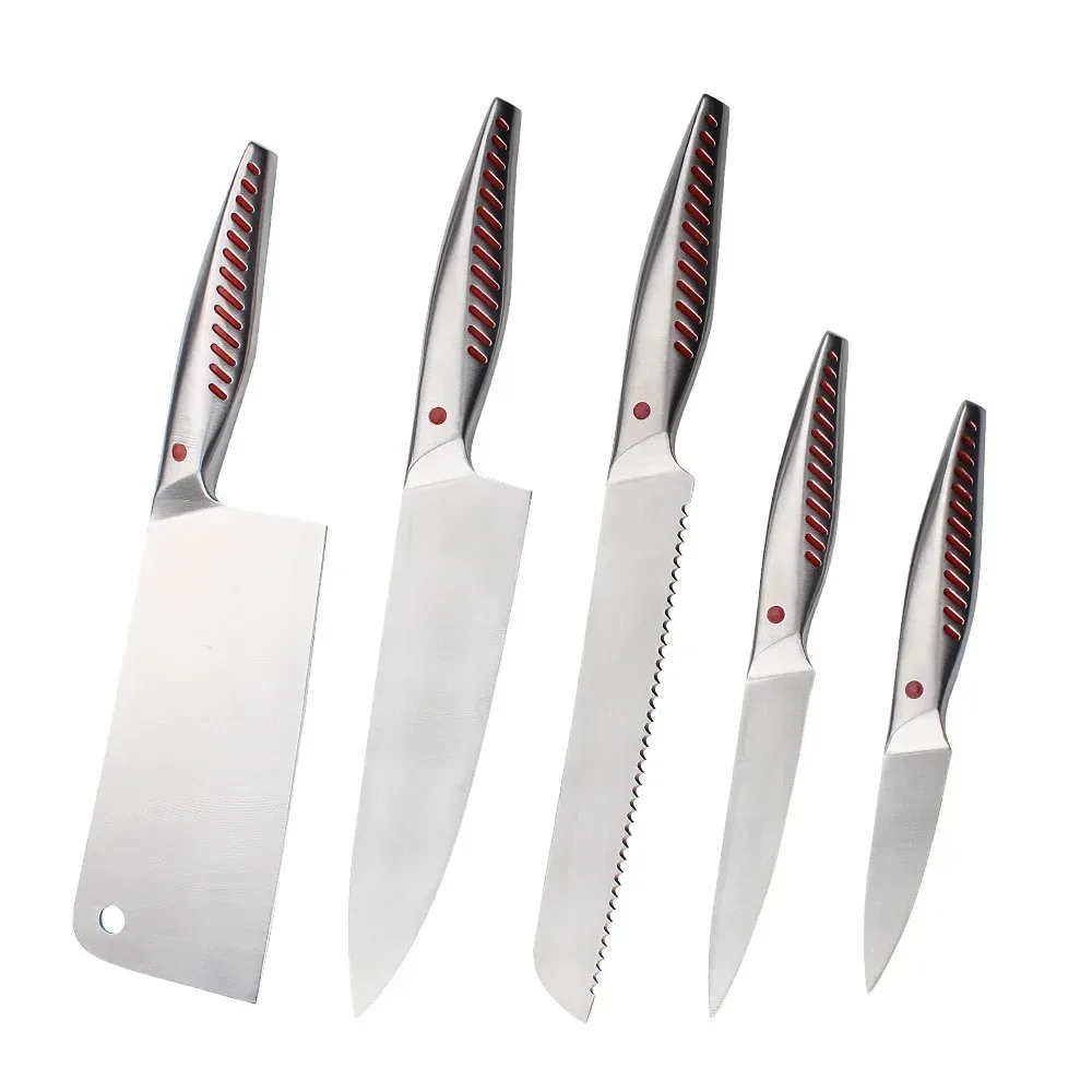 five stainless steel knives with cleaver and serrated bread knife
