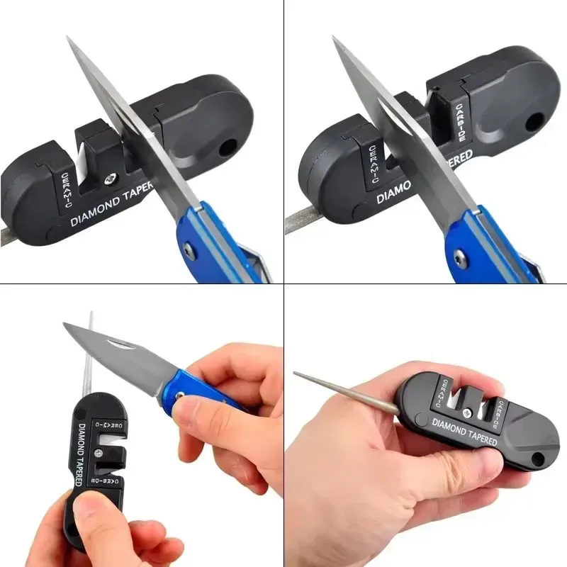 sharpening a folding knife in the carbide and ceramic slots and on the diamond rod