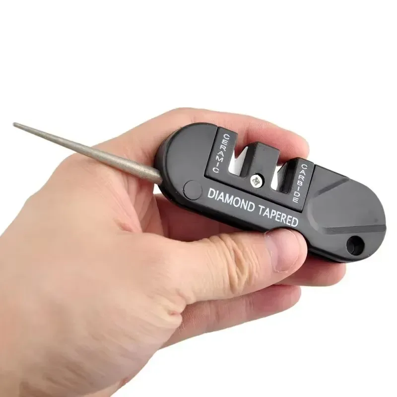 pocket knife sharpener, 82 x 28 mm, held in the hand