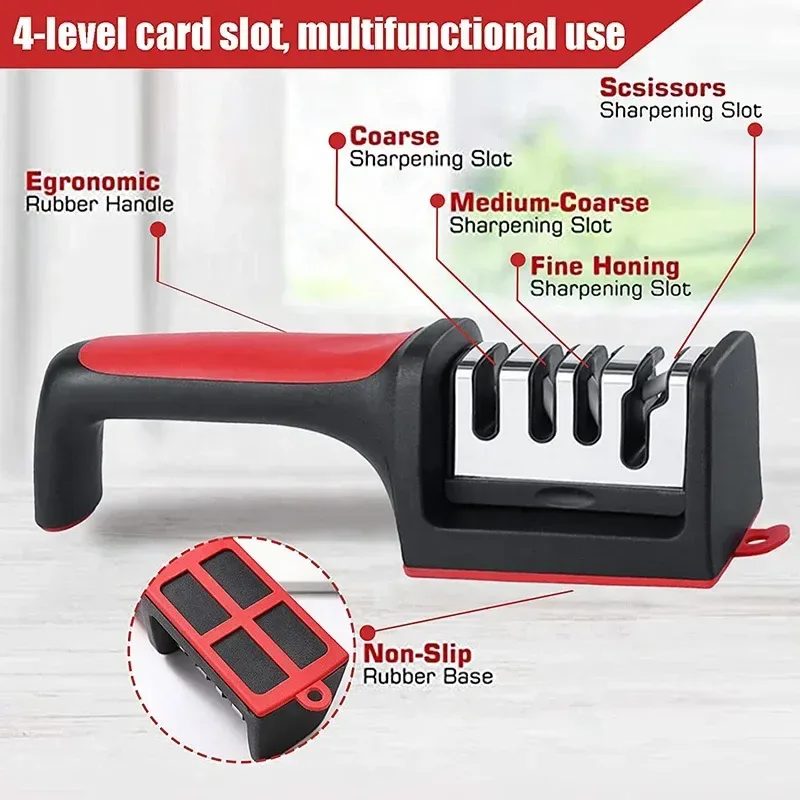 manual knife sharpener slots: coarse, medium coarse, fine honing and scissors