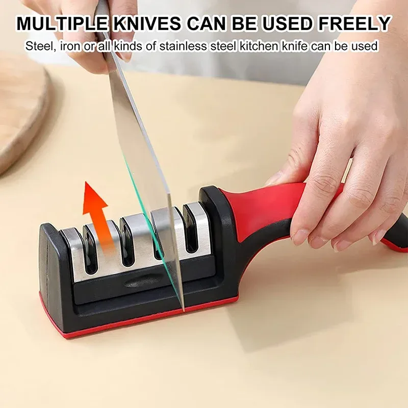 pulling a knife through the manual knife sharpener