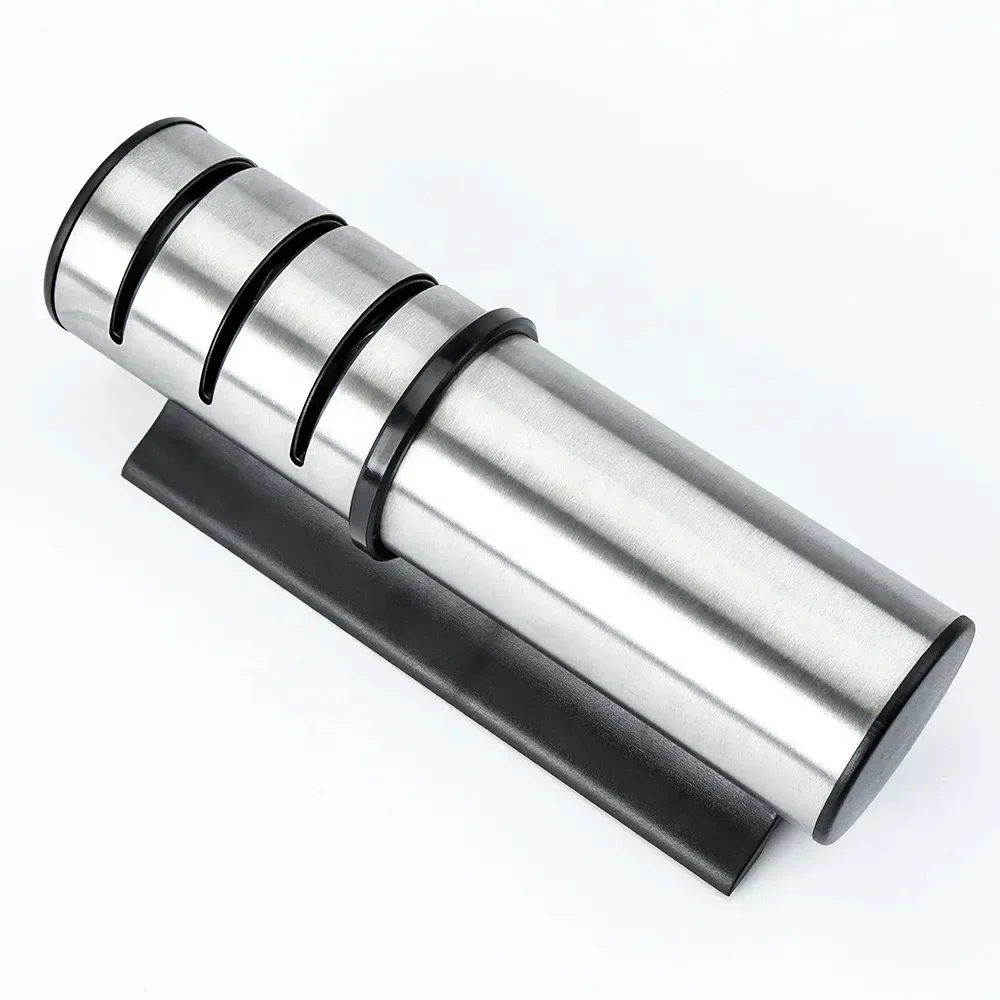 brushed stainless steel barrel of the knife sharpener