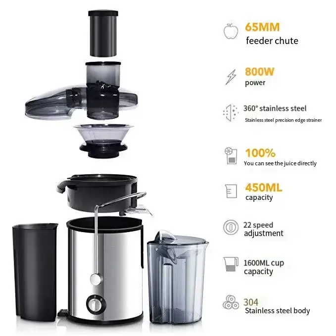 centrifugal juicer features: 65 mm feed chute, 800 W, stainless steel strainer