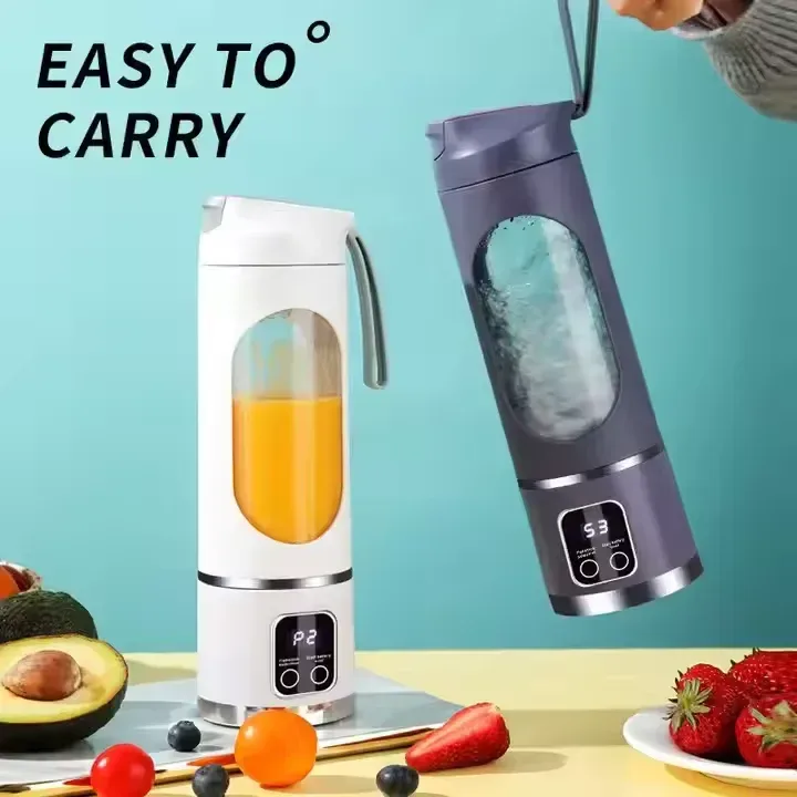 white and purple portable juice blender cups with carry loops