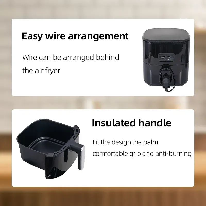 air fryer nonstick basket with insulated handle and rear cord routing