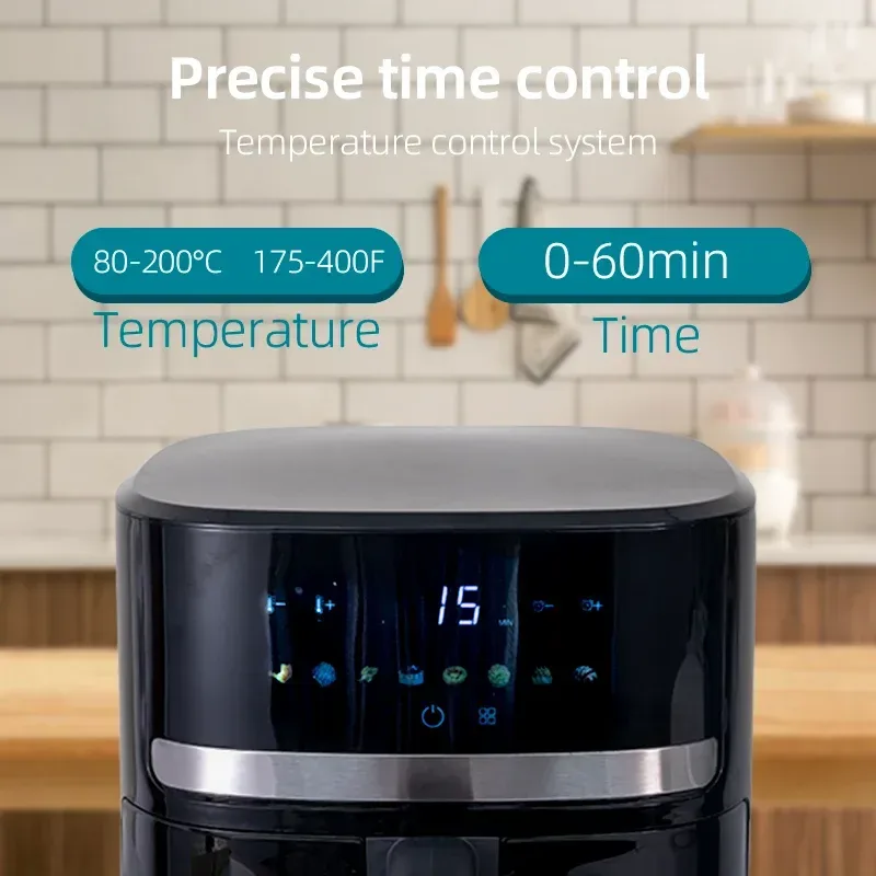 air fryer touch panel set to 80 to 200 °C and 0 to 60 minutes