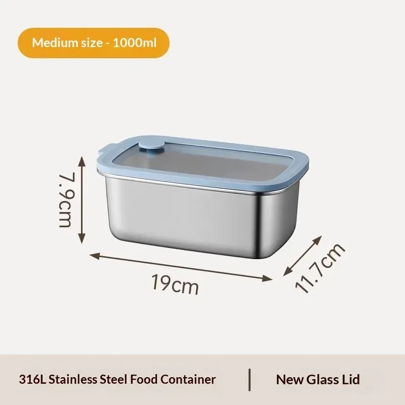 1000 ml stainless steel food storage container measuring 19 x 11.7 x 7.9 cm